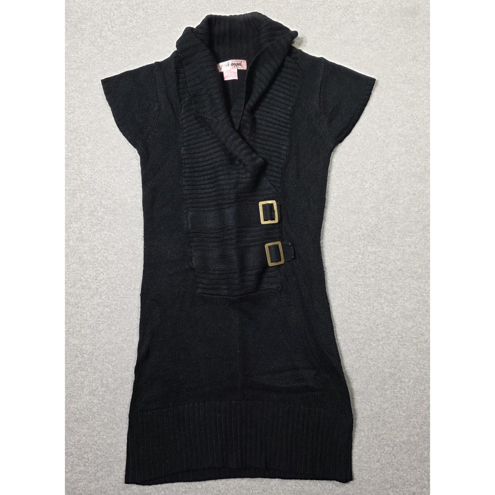 Pink Angel Girls 14 Black Sweater Dress Cowl Neck Cap Sleeve Buckle Ribbed Knit